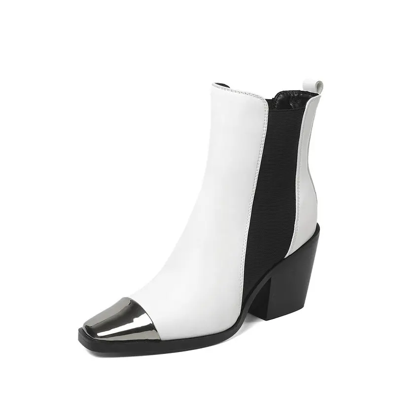 White QUTAA New Autumn Winter Pointed Toe Slip On Ankle Boots PU Leather Fashion Square High Heel Women Shoes Size 34-43 - Color: White