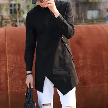 

2020Men's Turn Down Collar Long Irregular Tops Casual Long Sleeve Shirts Designed Single-breasted Black Coat Solid Color INCERUN