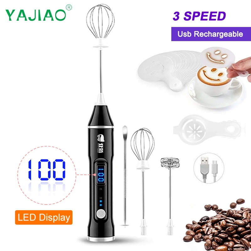 YAJIAO New LED Display Milk Frother Electric Handheld Blender USB Rechargeable 3 Speed Mixer for Coffee Egg Latte Cappuccino