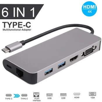 

6-in-1 USB C to Dual 3.0 Hub HDMI VGA RJ45 Type-C Converter Adapter for Notebooks