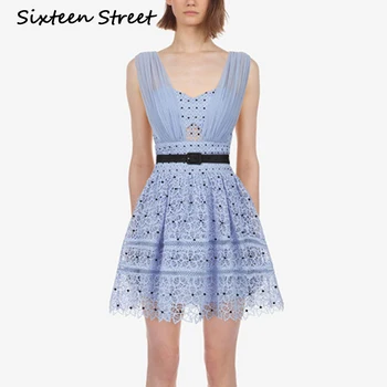 

Spaghetti Strap V Neck Blue Lace Dress Woman Sleeveless dot Hollow Out elegant mini Dresses Summer nEW