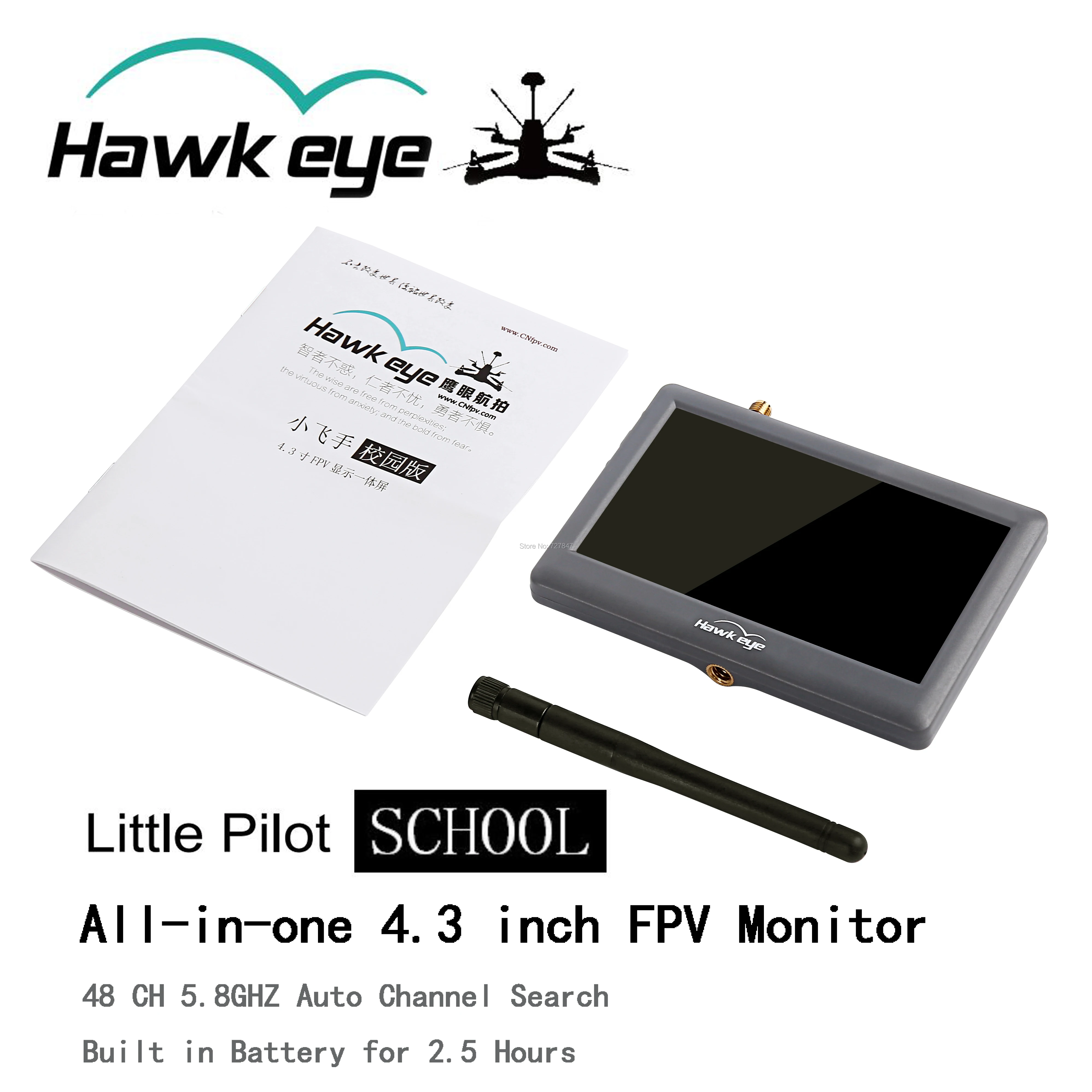 

Hawkeye Little Pilot School FPV Monitor 4.3 inch 5.8G 48CH FPV HD Monitor Aerial FPV Display Screen Built in Battery for Drone