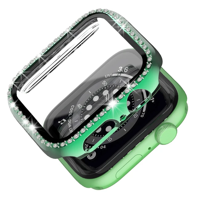 Case+Glass for Apple Watch 45mm 41mm 44mm 40mm 42mm 38mm, Full Cover Bling Crystal Rhinestone Protective Bumper for iWatch7 6 5 Green