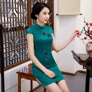 

Summer Traditional Chinese Style Daily Green Vintage Wedding Party Short Qipao Mandarin Collar Cheongsam Stage Show Clothing
