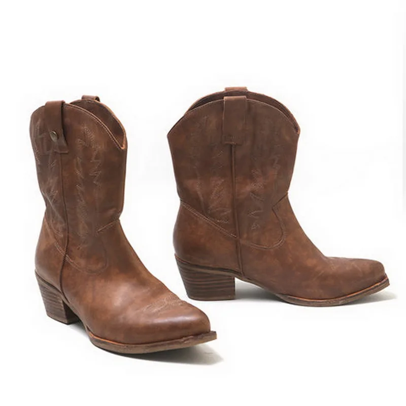 Классические женские ковбойские сапоги Вестерн для Для женщин кожаные женские ковбойские ботинки Обувь на низком каблуке Женская обувь по колено