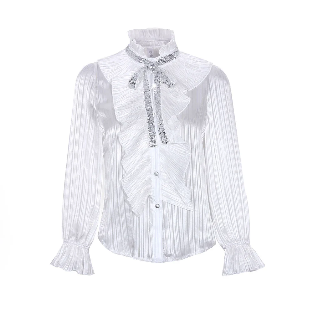 

Women Elegant Pure White Falbala OL Blouse 2020 Spring Summer New Fashion Sequin Bow Trumpet Sleeve Chiffon Shirt Ruffles Top