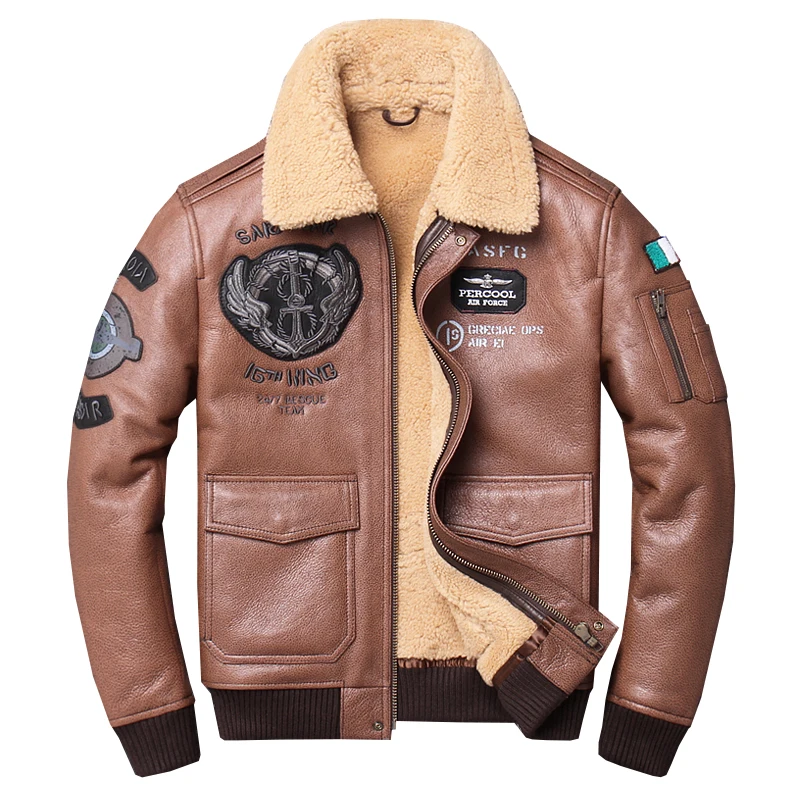 Коричневое мужское пальто из овчины в стиле милитари, большой размер XXXXL, натуральная овчина, Зимняя Толстая приталенная куртка из овчины - Цвет: Brown