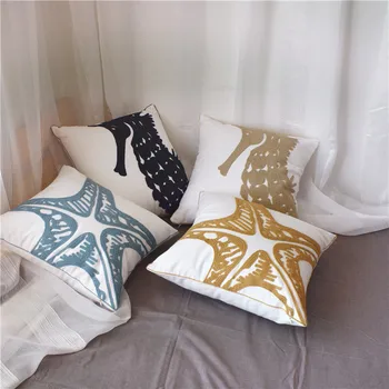 

Ocean Series Embroidery Pillow Cover Single-sided Starfish Seahorse Pure Cotton Canvas Soft Cushion Cover Sofa Home Decor