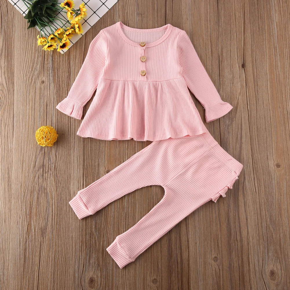 Детская одежда из 2 предметов для маленьких девочек, однотонное платье с длинными рукавами+ длинные леггинсы с оборками, осенний комплект одежды, одежда для девочек 0-24 месяцев