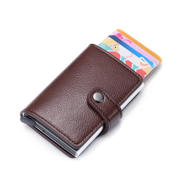 Bycobecy бумажник на кнопке RFID Блокировка винтажные кошельки для кредитных карт всплывающий защитный чехол для карт тонкий Противоугонный держатель для ID - Цвет: Deep Coffee YM0609