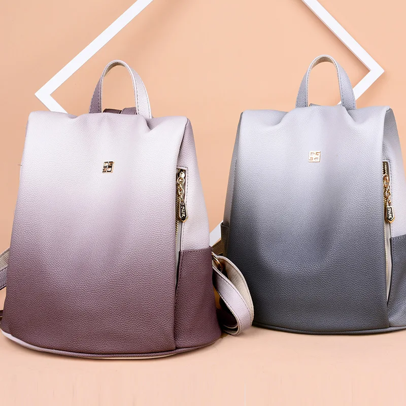 

2019 New Style Trend Gradient Color Backpack Bag Women's Korean-style High Quality PU Leather Anti-theft Backpack Campus Women's
