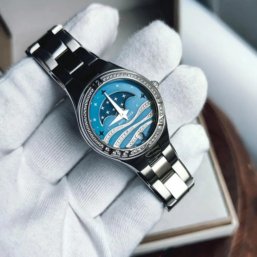 Reef Tiger/RT модные повседневные часы для женщин Moon Phase из нержавеющей стали Синие наручные RGA1524|tiger fashion|watch fwatch