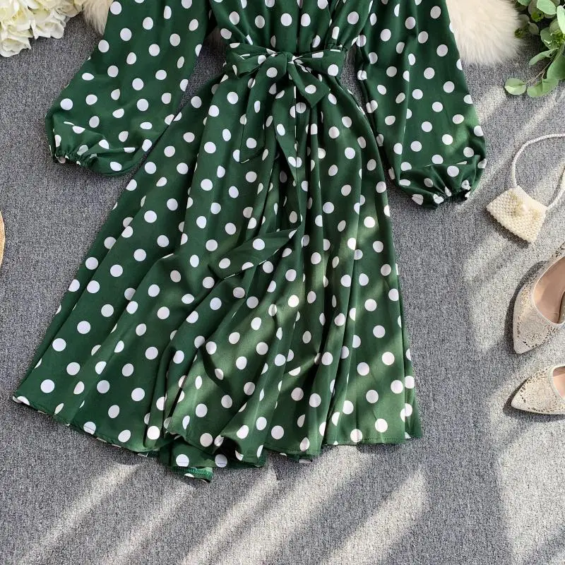 YuooMuoo Fall Korean Style Women Polka Dot Midi Dress Ins Hot Sashes Vintage Elegant Long Sleeve Green Dress Ladies Dresses