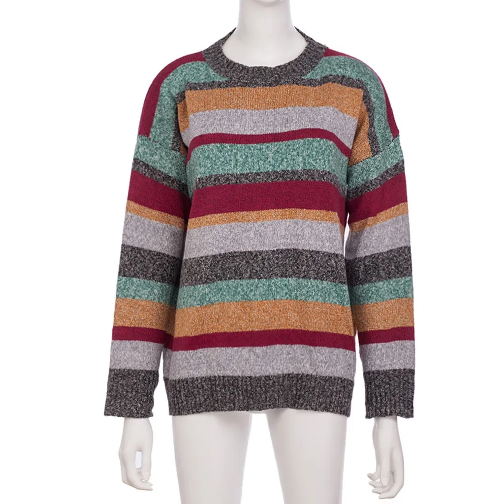 Pull Femme Hiver Dames пуловер размера плюс Женский вязаный лоскутный полосатый свитер с длинным рукавом и круглым вырезом Топ