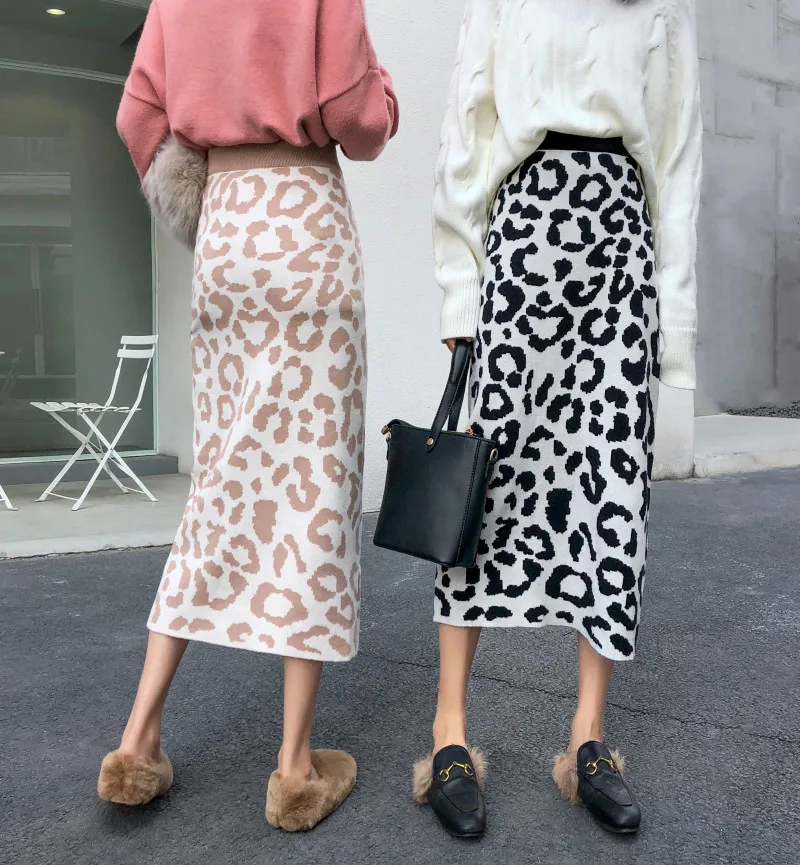 

Video Photo Shoot 2019 Korean-style Autumn New Style Knitted Leopord Pattern Skirt High-waisted Slimming Mid-length Sheath-Style