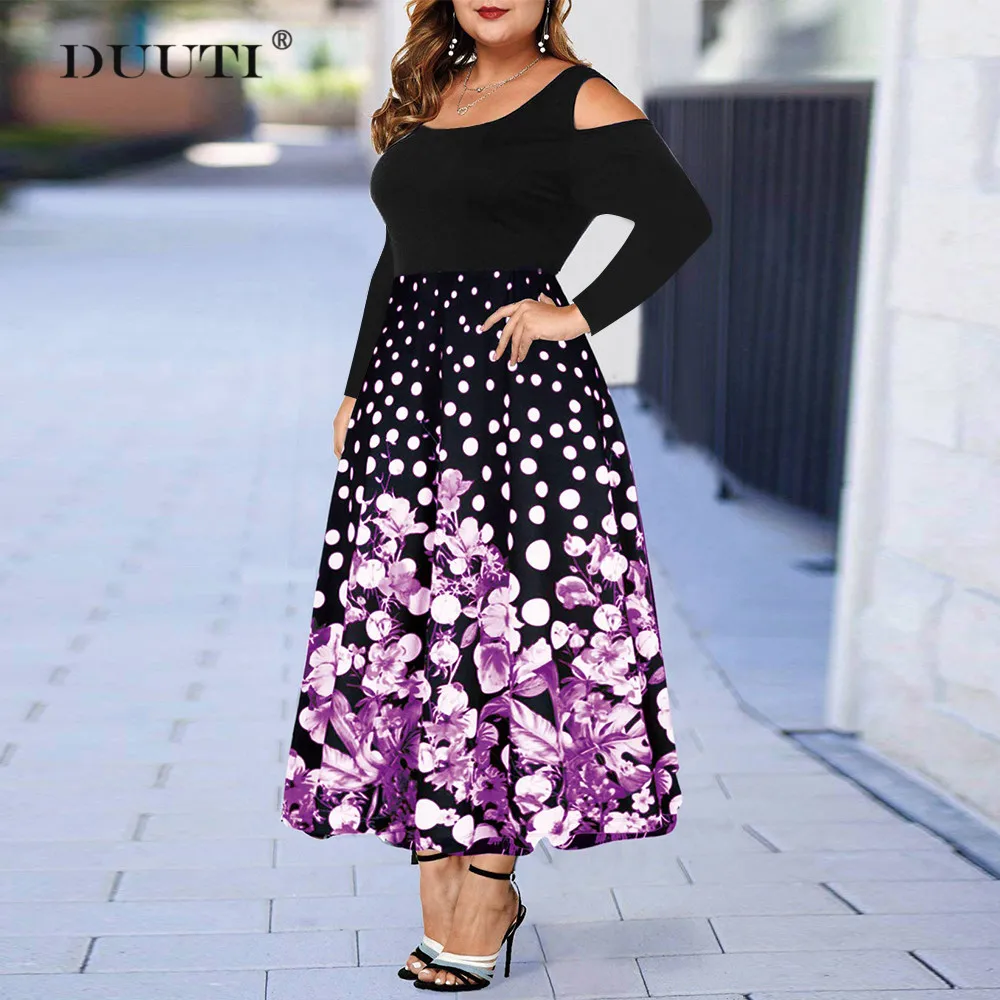 

Print Dress Women Plus Size 3/4 sleeve Off Cold Shoulder Dress Fashion Fall Bohemian Patchwork Print Elegant Dress Female D30