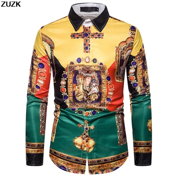 

ZUZK New European Gem 3D Printing Long-sleeved Slim fit Casual shirt Men's Camisa Masculina Shirts