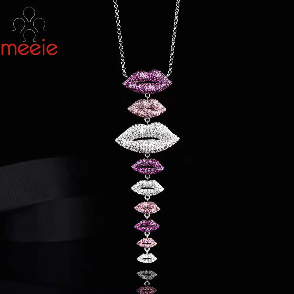 Meeie Ins-APMZ 925 Sterling Silver Charm Jewelry Multicolor Lip Necklace Double Heart-shaped Chain Tail Sweater Clavicle | Украшения и