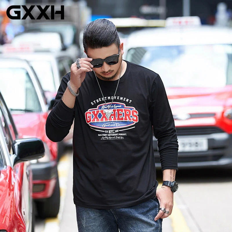 

GXXH Large Size 6XL 7XL Men's Tide Card Plus Fertilizer To Increase Loose Oversize T-shirt Print Long Sleeve T-shirt Autumn 2019