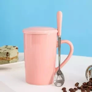 Кофейные кружки, чашки для девушек, студенческие милые чашки, керамические чашки, кофейные чашки для мужчин и женщин, Мультяшные чашки с крышкой, ложки, чашки для дома - Цвет: 400ML set