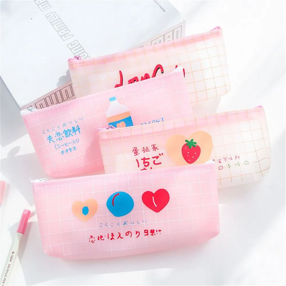 

Cute Pink Milk Straberry Pencil Case Large Capacity PVC Pen Bag Stationery Kawaii Pencil Case Cosmestics Bag Office Supplies