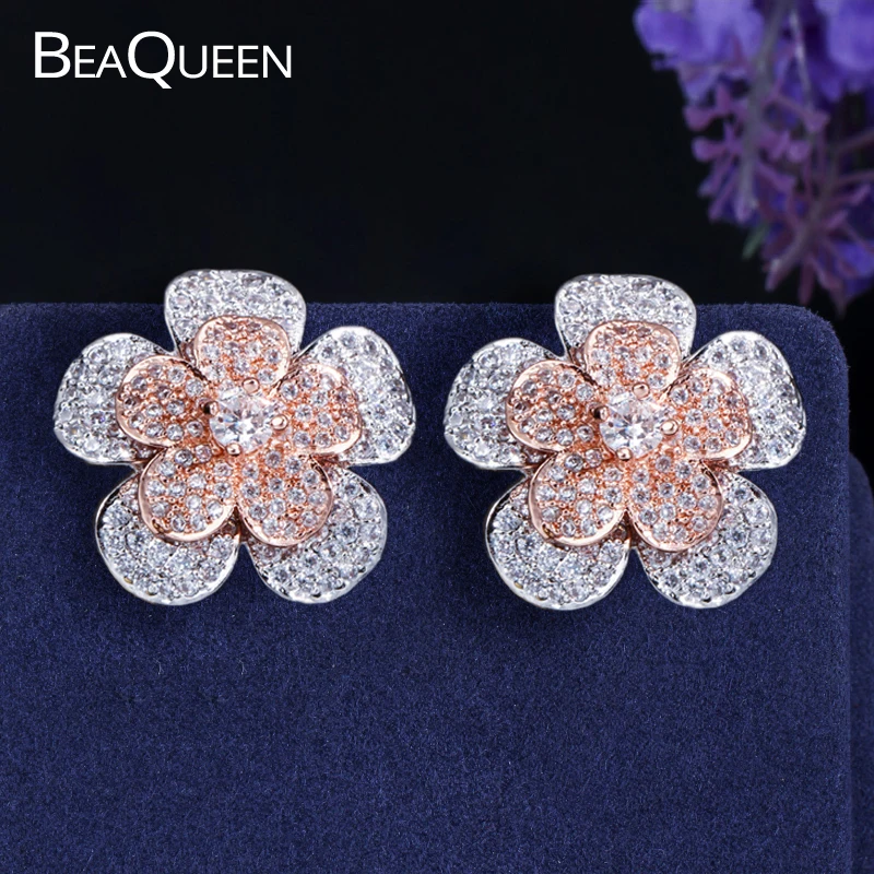 Женские Элегантные серьги гвоздики BeaQueen 2 тона розовое золото с микро покрытием
