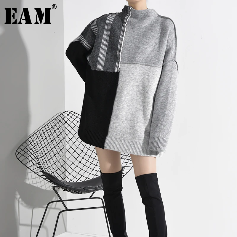 

[EAM] Contrast Color Big Size Knitting Sweater Loose Fit Stand Collar Long Sleeve Women Pullovers New Fashion Spring 2020 A267