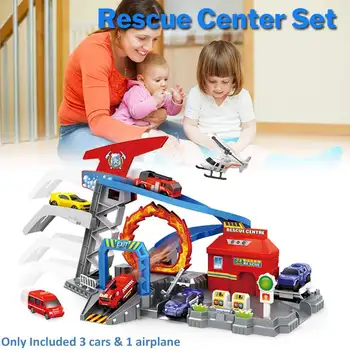 

Rescue Centre Playset Toy With 3 Vehicles Cars 1 Airplane Speed Track Car Garage Fire Engines Kids Assembling Toys For Boys