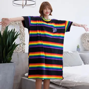 

Korean Version of Cute Animal Striped Nightdress Cotton Summer Can Wear Short-sleeved Loose Home Service Thin Sleep Nightwear