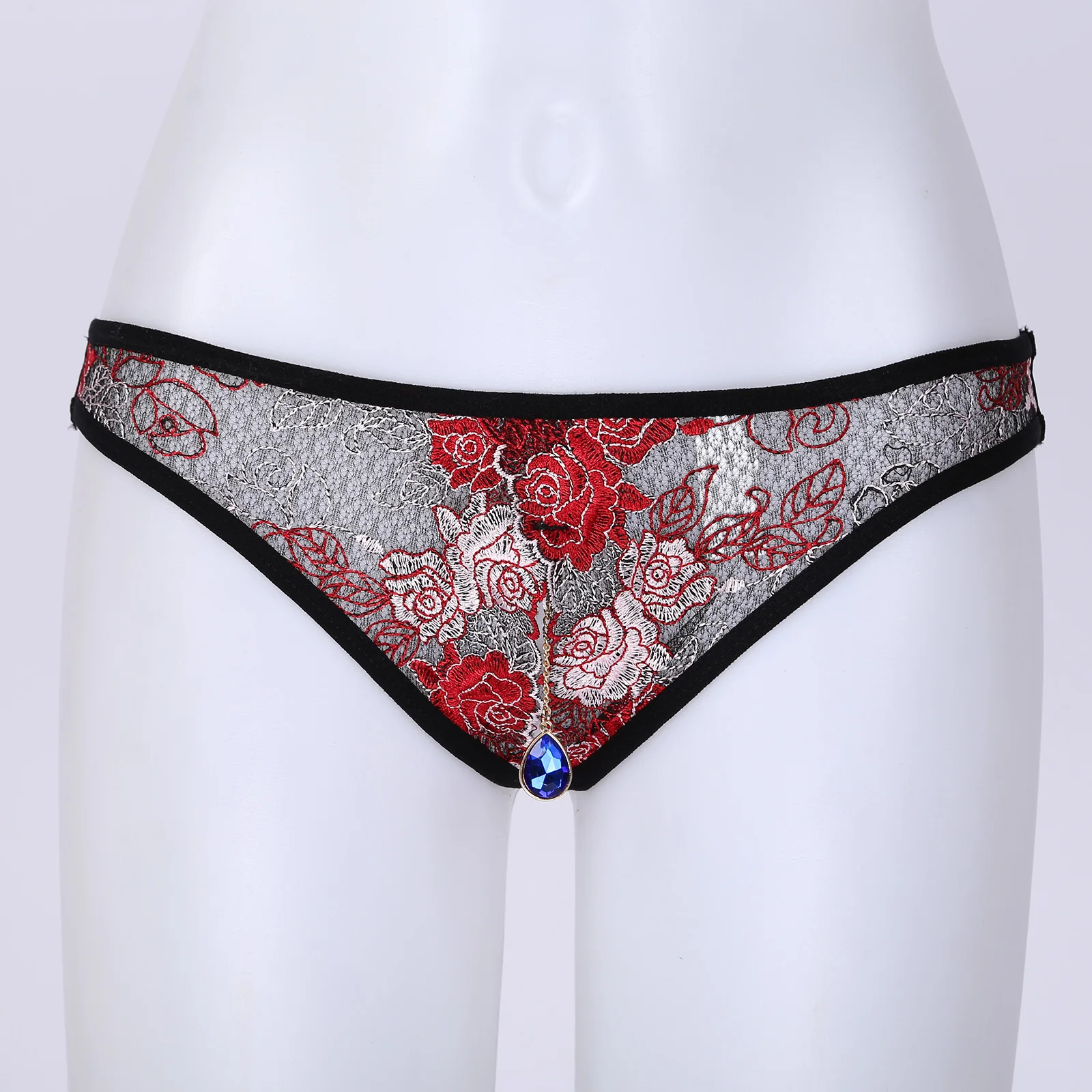 Men's Panties Rhinestone Pendant Flower Embroidery Thongs Sissy Underpants Crotchless G-string Open Butt Briefs Gay Underwear