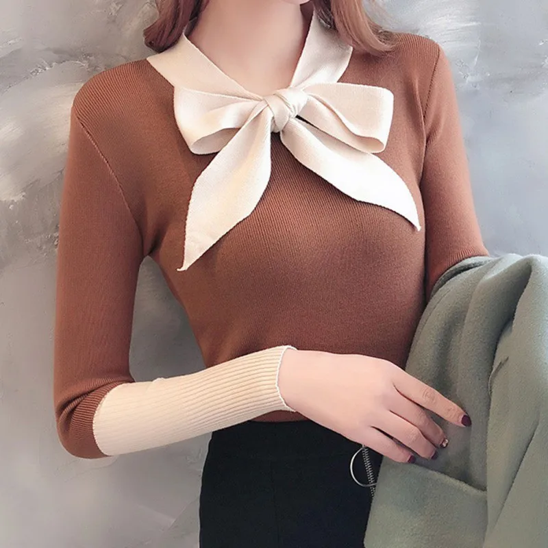 Sweet Sweater Women Autumn New Bow Decoration Casual Sweater V Neck Long Sleeve Stitching Design Knitted Pullover Sweater