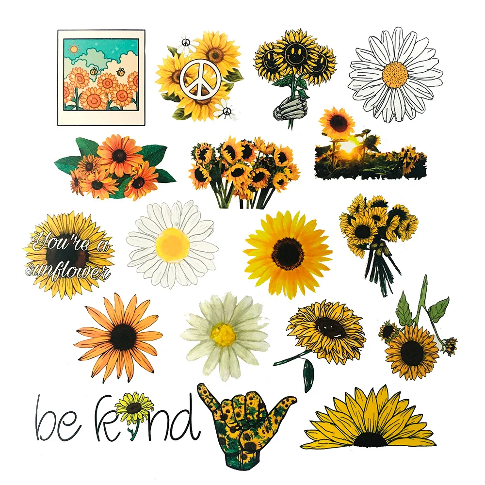 50 uds. De pegatinas de girasol amarillas, flor Floral, bricolaje, decoración, álbum de recortes, diario, papelería, pegatina de Graffiti, diario, suministros de oficina y escuela