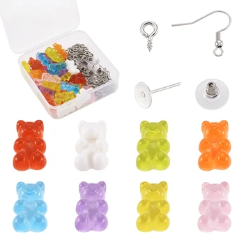 

32pcs Mixed Color Bear Resin Cabochons 304 Stainless Steel Earring Hooks & Steel Screw Eye Pin Bail Peg for Jewelry Making
