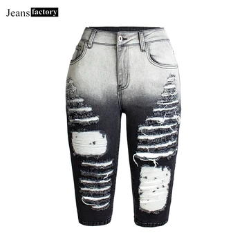 

Summer Ripped Hole Denim Jean Women High Waist Elastic Plus Size Black Gradient Color Skinny Straight Knee Length Jeans Pants