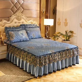 

Europe Crystal Fleece Lace Bedspread Zippered Full King Bedskirt Ruffled Flower Bed Cover Quilted Soft Fitted Sheet Pillowcase
