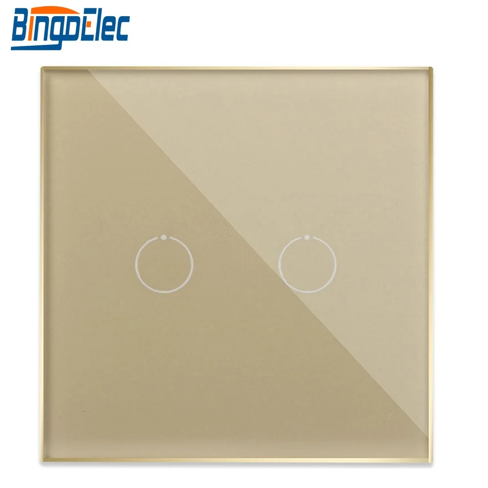 2 Gang 1 Way Gold Bingoelec, 2 комплекта, 1 способ, сенсорный выключатель, сенсорный экран, светильник, Хрустальная стеклянная панель, стандарт ЕС, настенный сенсорный выключатель, переменный ток, 220-240 В - Цвет: 2 Gang 1 Way Gold