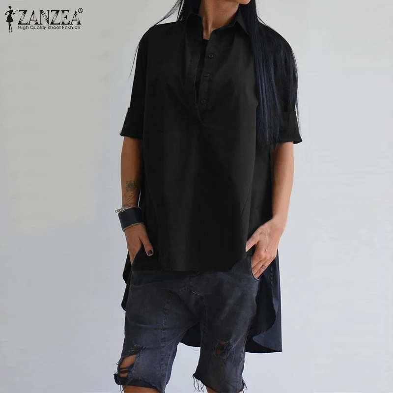  Women Blouse Shirt ZANZEA Ladies Loose Long Sleeve Cotton Shirt Asymmetrical Hem Work Office Tunic 