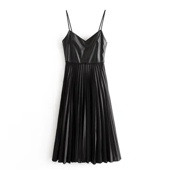 

2020 spring women's new small pleated stitching wild was thin faux leather strap mid-length dress 02878405800