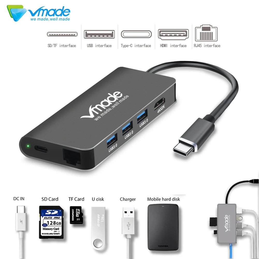 Vmade usb-хаб 8 в 1 Thunderbolt 3 type C адаптер док-станция 2 USB 3,0 порт 4K HDMI 1080P VGA RJ45 Gigabit Ethernet для Macbook Pro PC