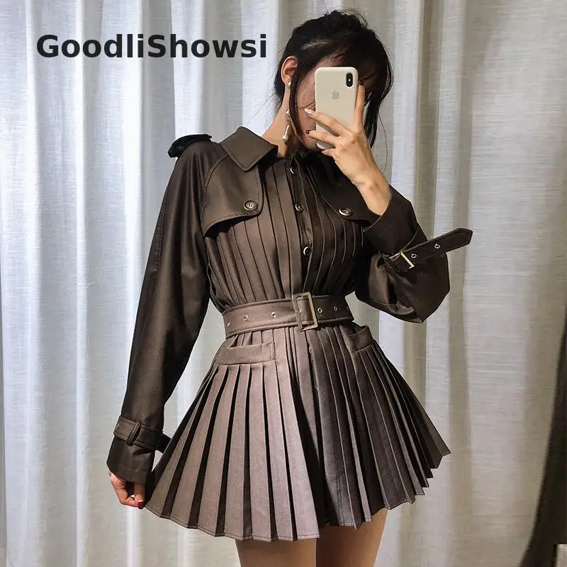 GoodliShowsi, Новое поступление, модные женские короткие пальто, одноцветные, с погоном, на пуговицах, длинные, с поясом, плиссированные куртки, Топ