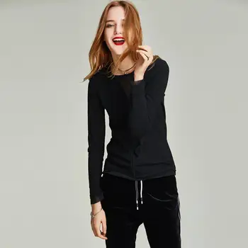 

HAVVA Spring and Autumn New Arrivals Mesh Patchwork Round-Neck Pure Color Full-Sleeve Slim Bottoming T-shirt Women T31970