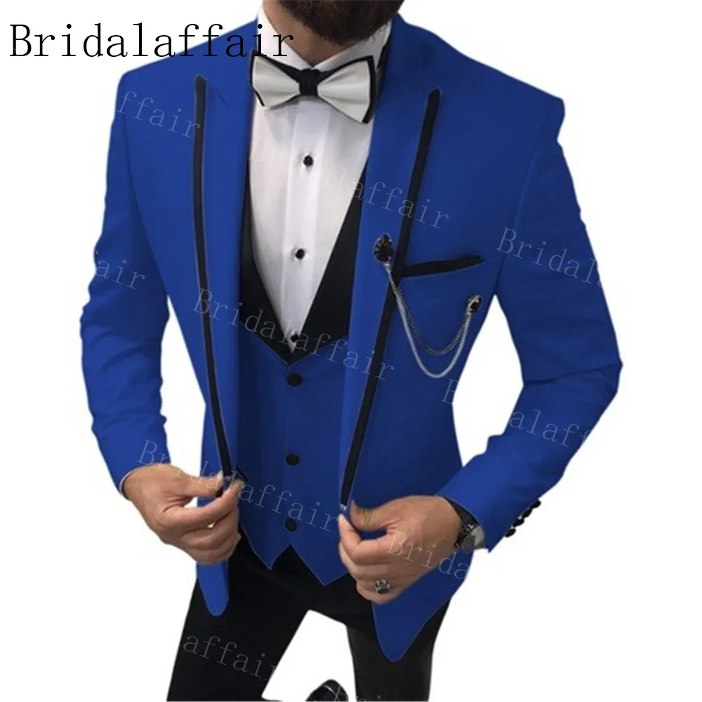 Bridalaffair, королевский синий, 3 предмета, мужские костюмы, приталенные, свадебные костюмы, смокинги с отворотом для жениха, для свадьбы(пиджак+ брюки+ жилет