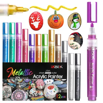 

12 Colors Metallic Acrylic Paint Markers Water-based Highlighter Marker for Tires Rock Canvas Porcelain Wood Permanent Marker