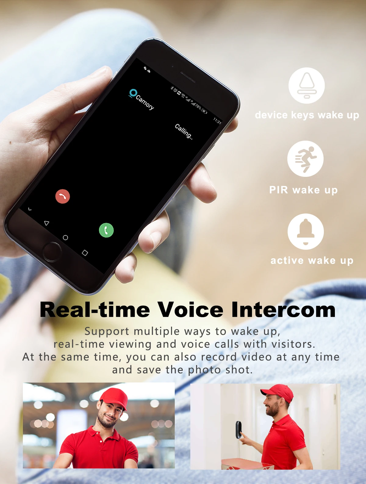 WiFi Smart Video Doorbell, Wireless Intercom Doorbell, Security Home Camera Real-Time Video and Two-Way Talk, Night Vision