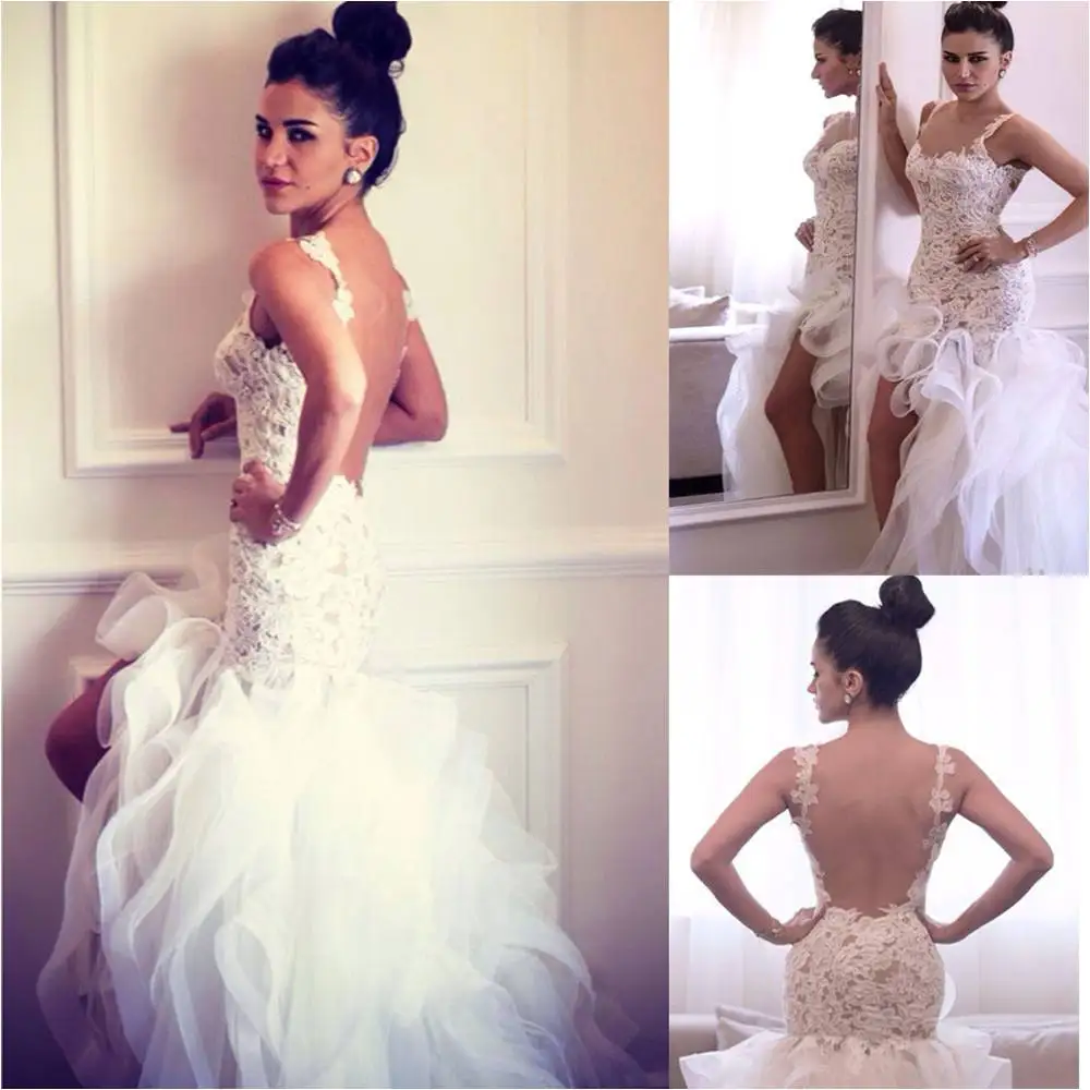 

HTN5 Spaghetti Straps Backless High Low Lace Organza Wedding Ruffles Short Front Long Back Customized Mother of Bride Dresses