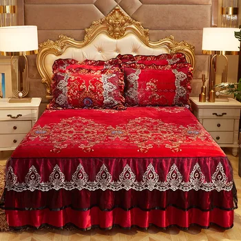

wedding style bedspread skirted short plush 1/3pcs bed cover milk crystal velvet non-slip bed mattres cover bed spread