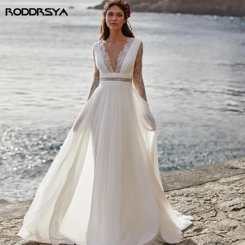

Bohemian Wedding Dress 2021 Long Sleeve V-Neck Floor Length Chiffon A-Line Lace Back Bridal Gowns With Belt Charming For Women