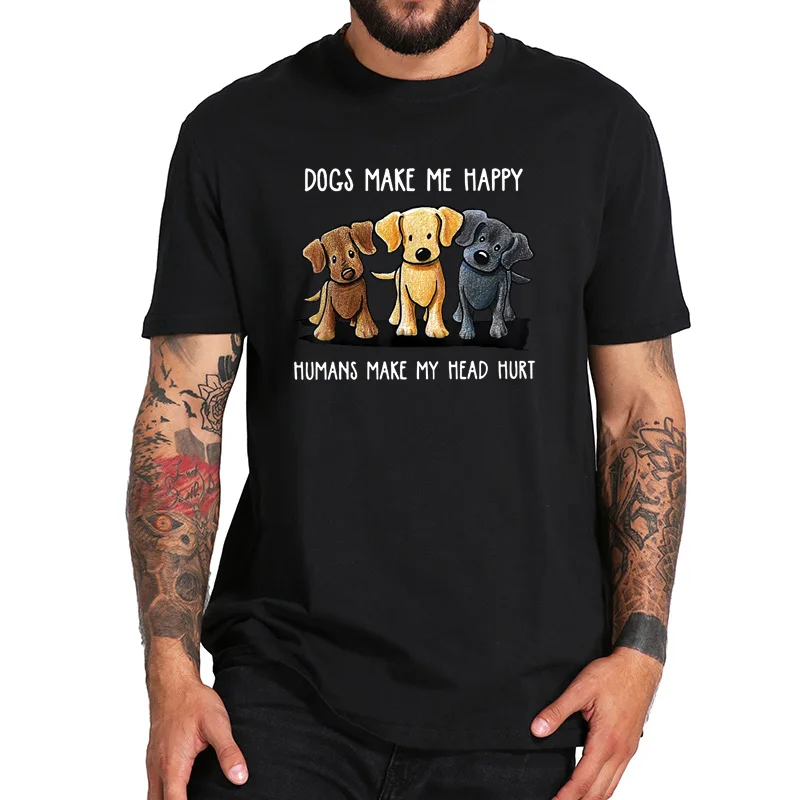 Футболка из 100% хлопка черные футболки с круглым вырезом и надписью Dogs Make Me Happy Humans