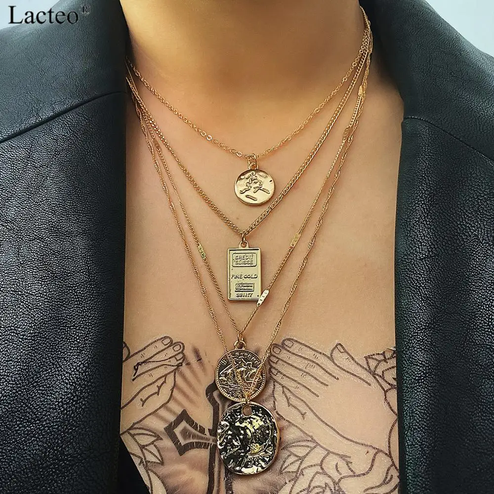 

Lacteo Vintage Carved Coin Virgin Mary Pendant Necklace Jewelry for Women Fashion Multi Layered Thin Long Chain Choker Necklace