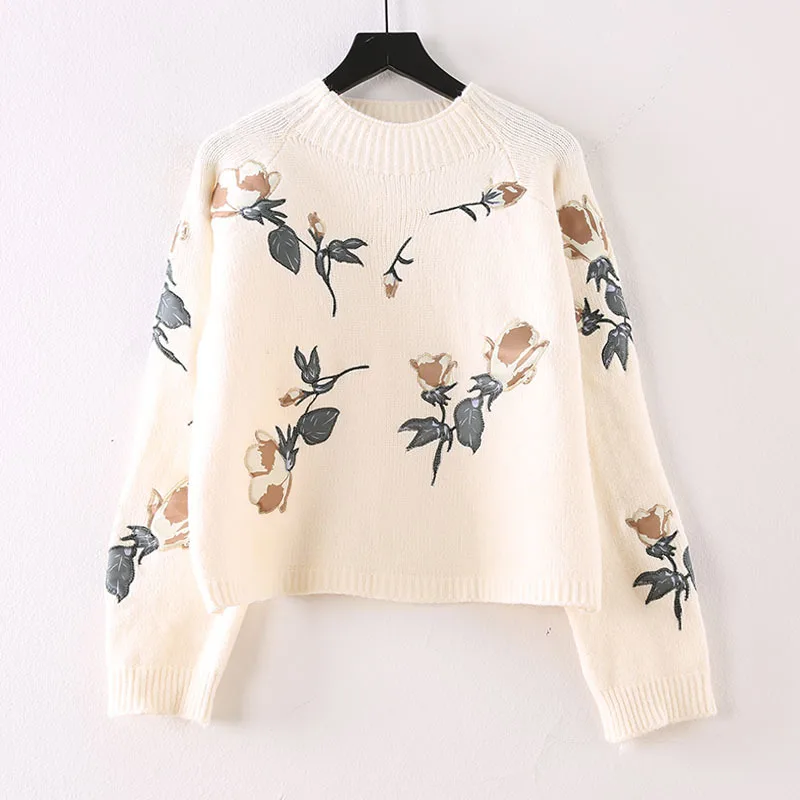 

Embroidered Flower Pullover Women's New Loose Korean-Style Student Short Knitwear Top Winter Warm Tide Wear Knitted